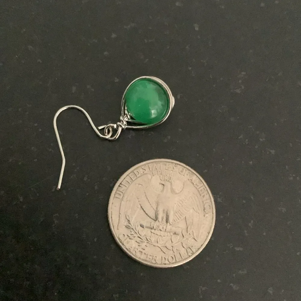 Green Round Gemstone  Earrings, Faux Jade or Aventurine in Silver Tone